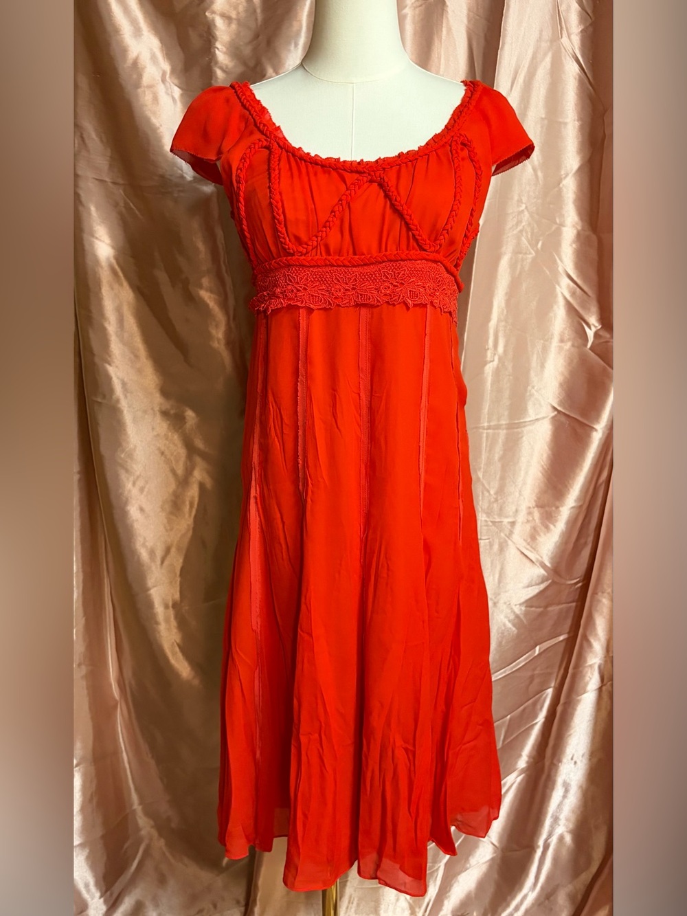 Vintage Red Empire Waist Maxi Dress with Braided Trim